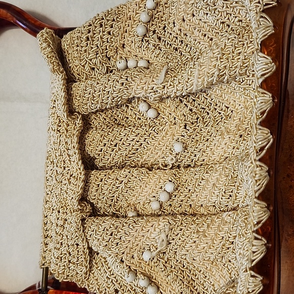 Vintage Women's Crochet & Tortoise Lucite Bag/Purse Gold Boho 1950/1960 - Picture 5 of 13